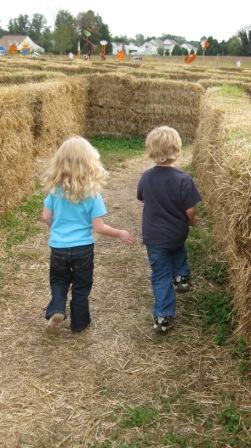My twins taking on a hay maze.
